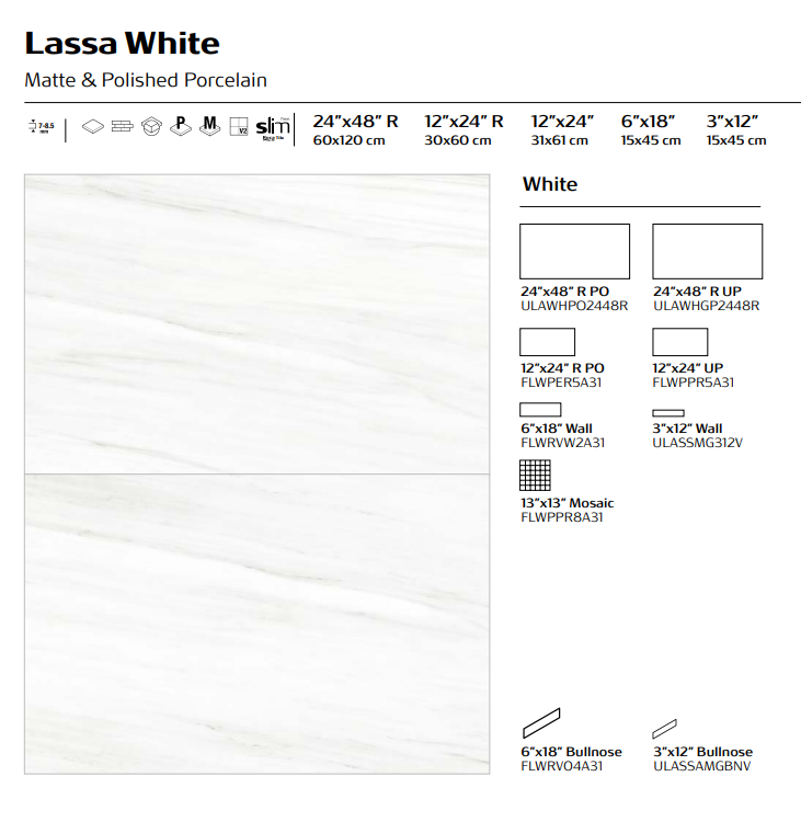 Lassa Bianco TILE – Available in 4 sizes - Matte and Glossy